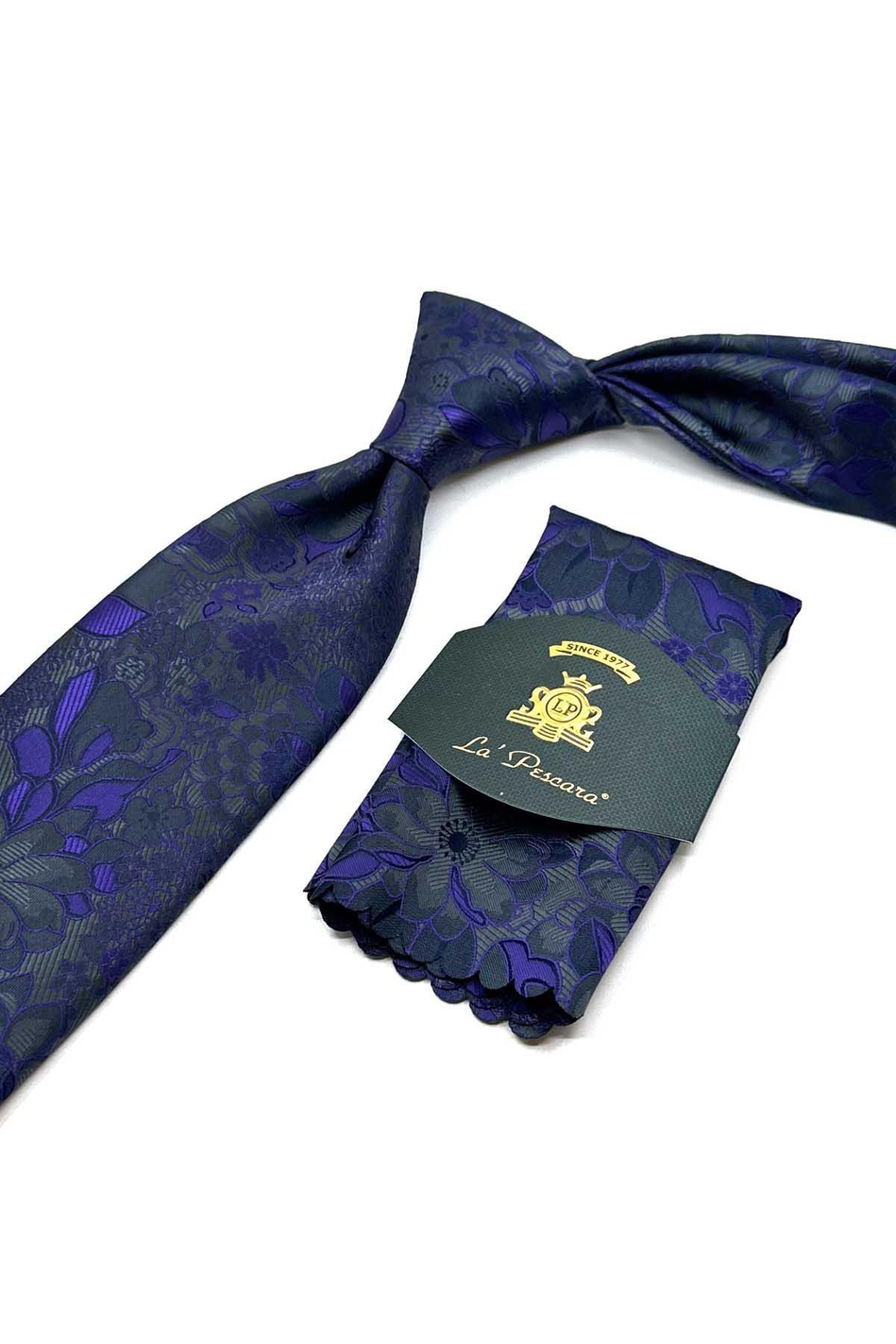 Füme Çiçek Desen Mendilli Klasik Kravat KK12945