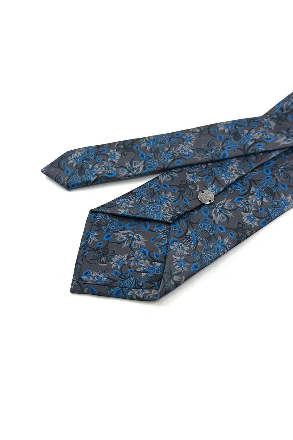Füme - Çivit Mavi Çiçek Desen Baskılı Mendilli Klasik Kravat KK13349
