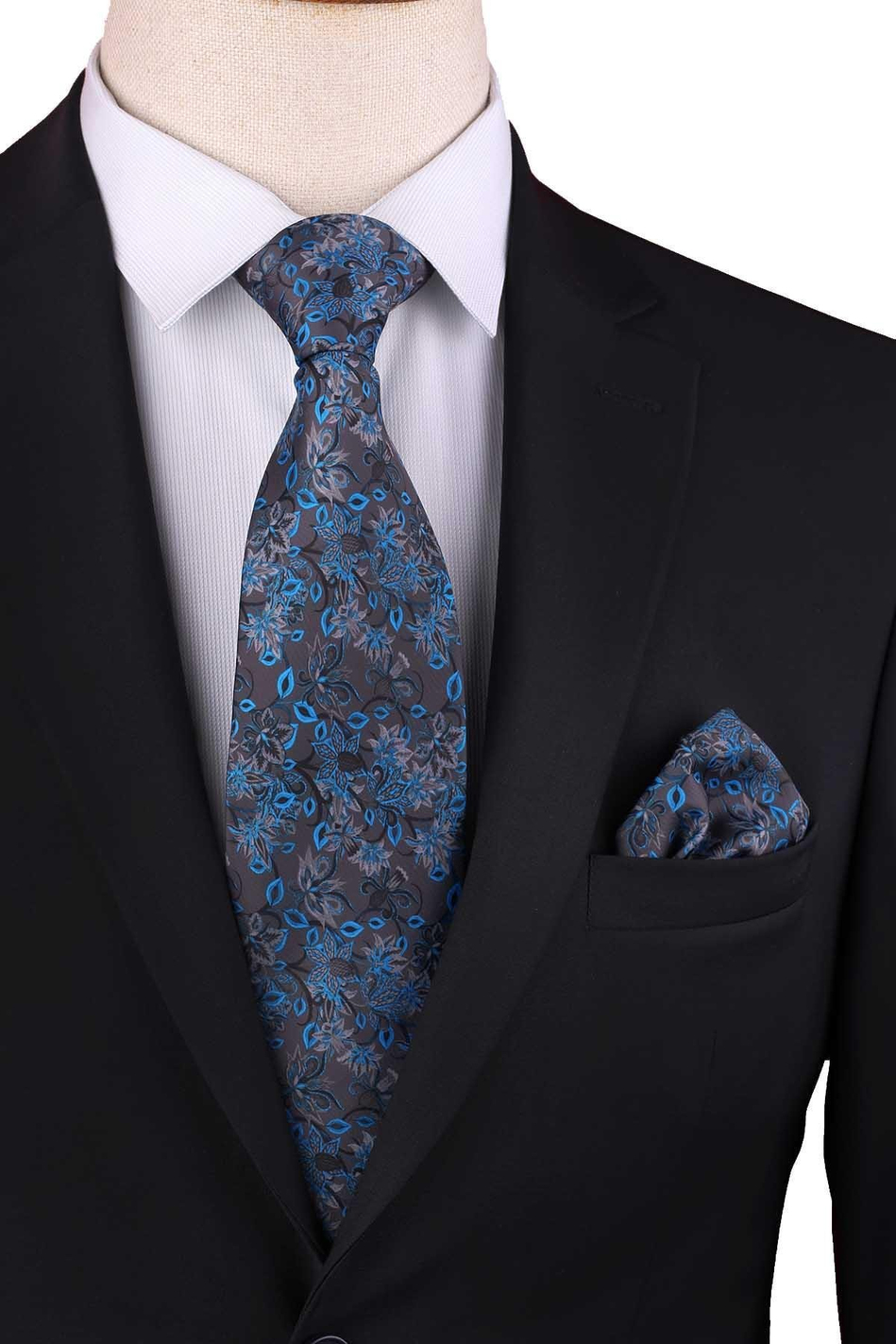 Füme - Çivit Mavi Çiçek Desen Baskılı Mendilli Klasik Kravat KK13349