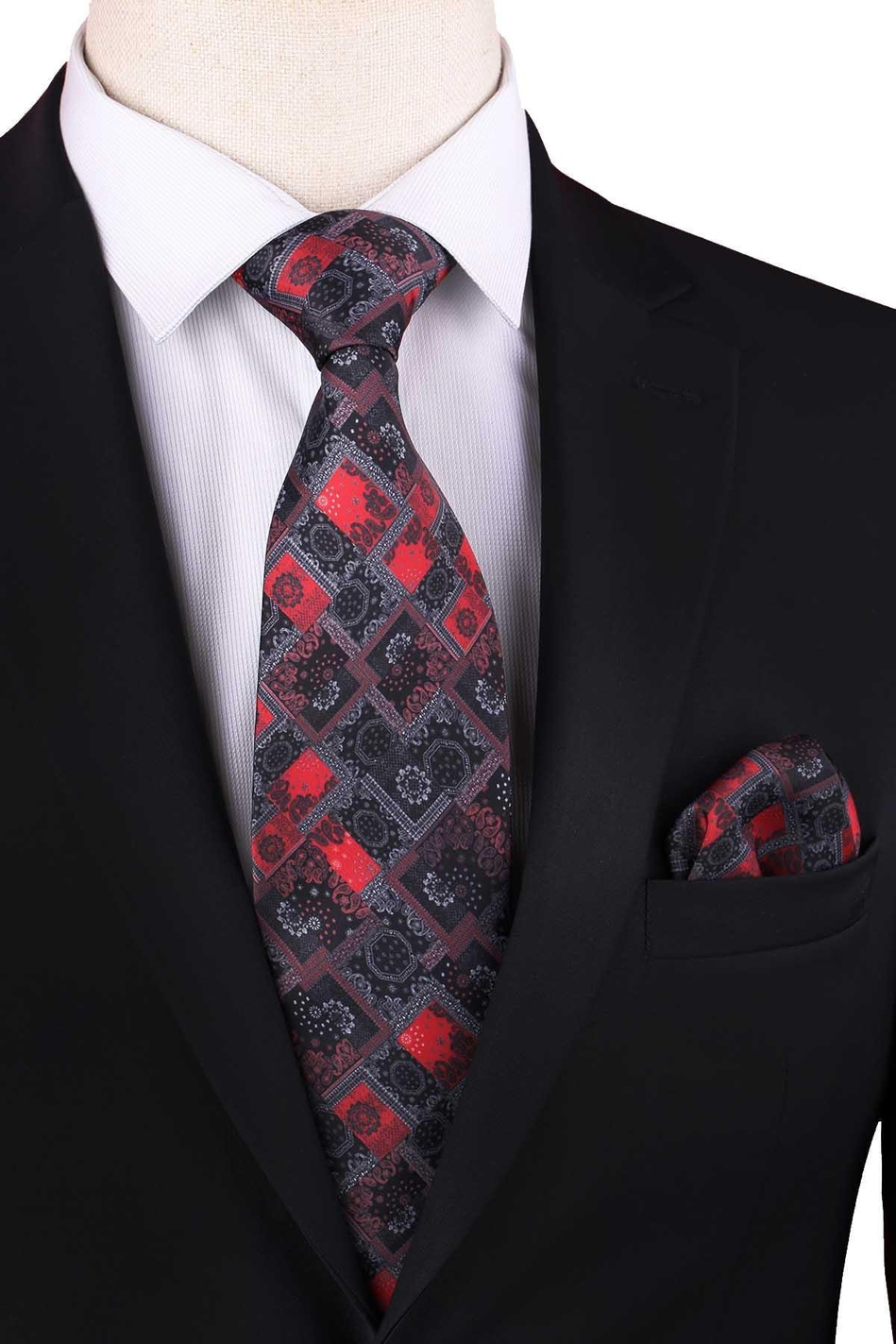 Füme - Kırmızı Kare Desen Baskılı Mendilli Klasik Kravat KK13352
