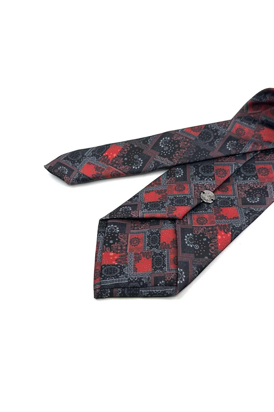 Füme - Kırmızı Kare Desen Baskılı Mendilli Klasik Kravat KK13352