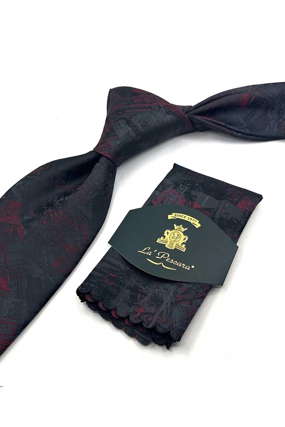 Füme Kırmızı Motif Desen Mendilli Klasik Kravat KK13748