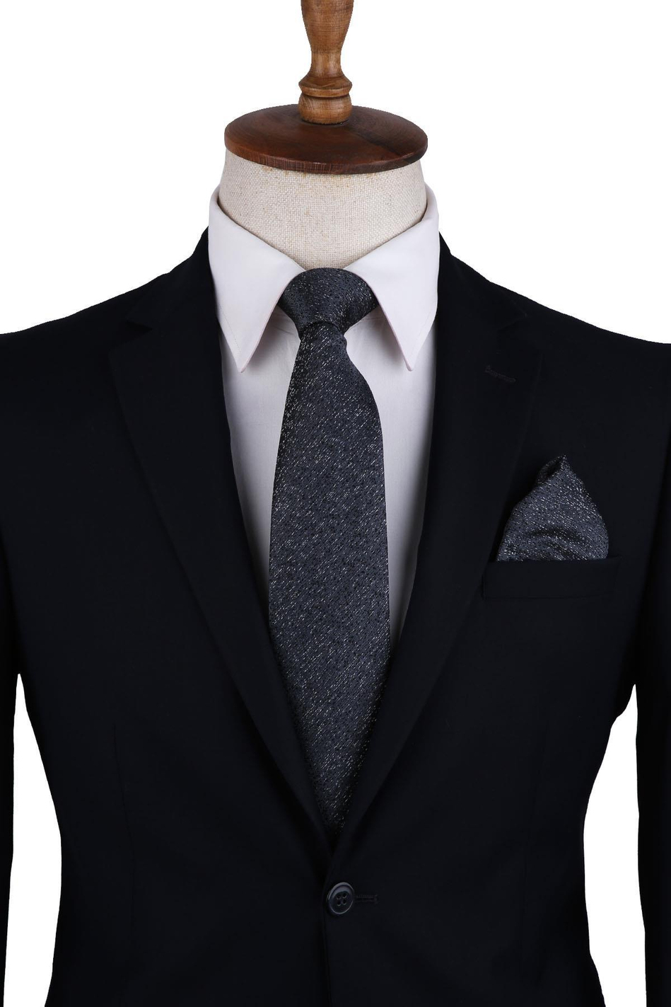 Füme Kum Desen Mendilli Klasik Kravat KK10388