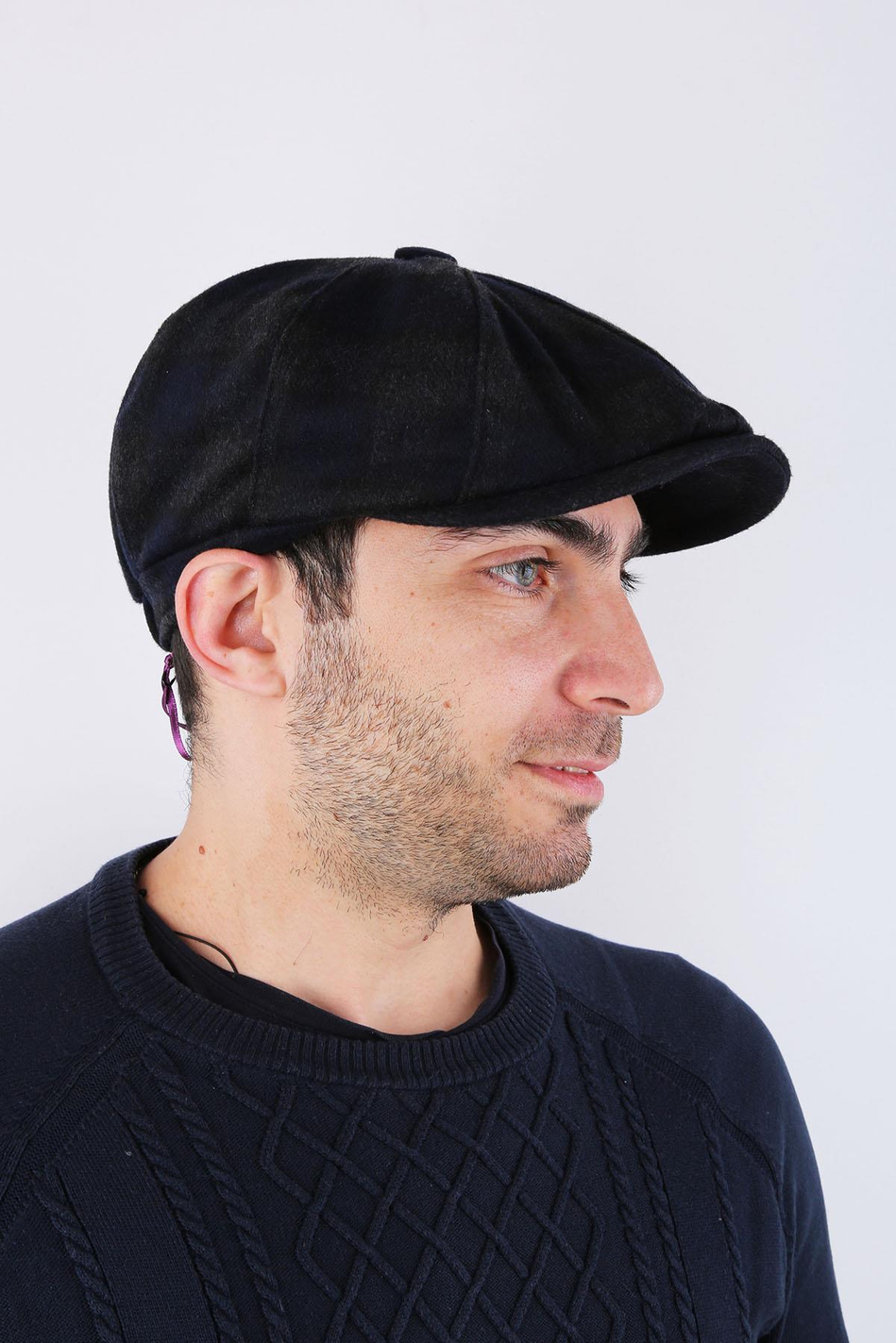 Füme - Lacivert Kareli Yün Erkek Kasket Şapka KST67