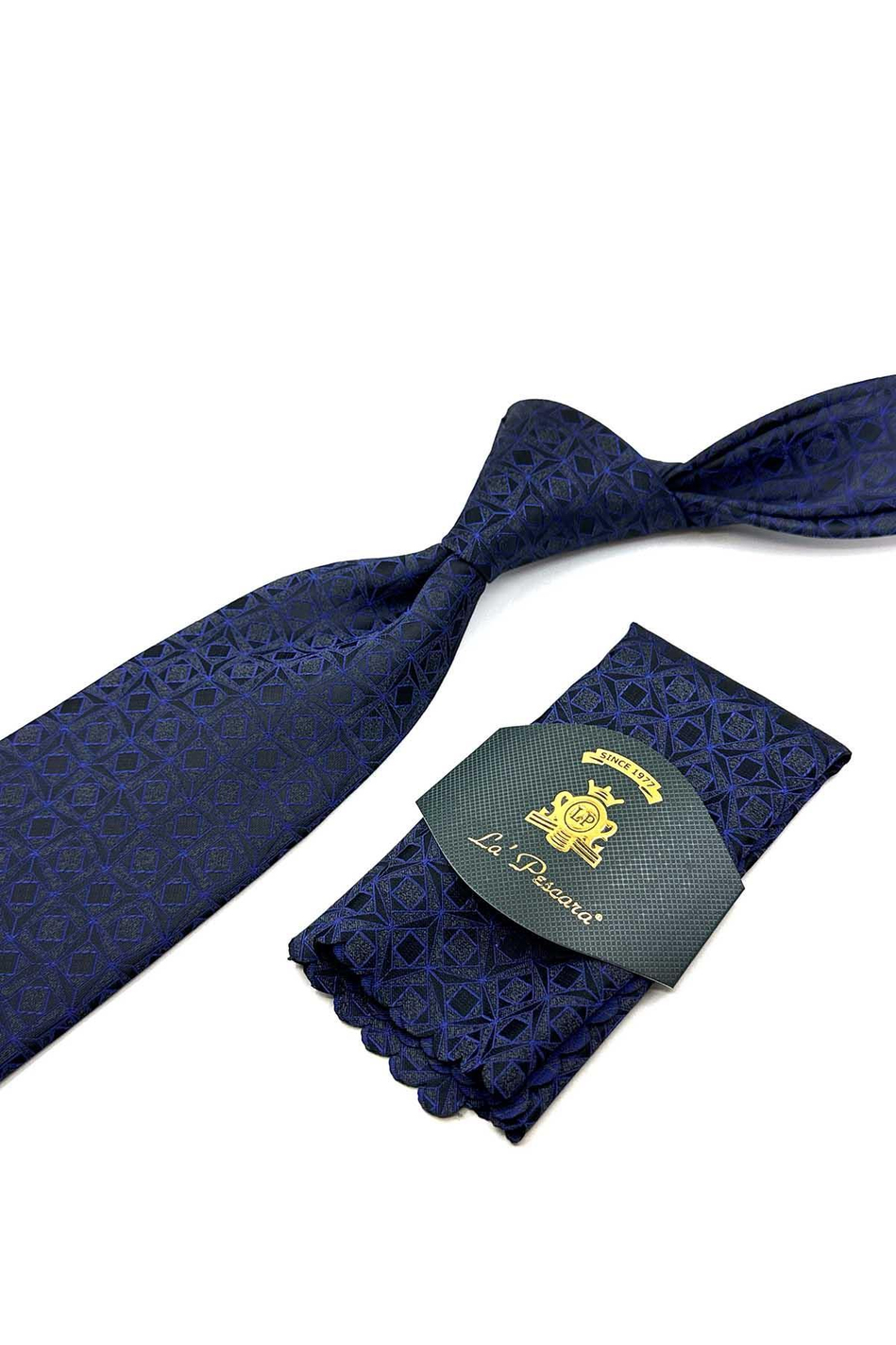 Füme - Lacivert Motif Desen Mendilli Klasik Kravat KK12412