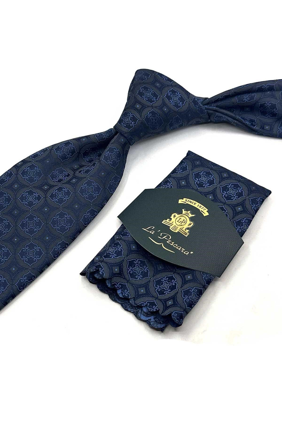 Füme Mavi Motif Desen Mendilli Klasik Kravat KK13760