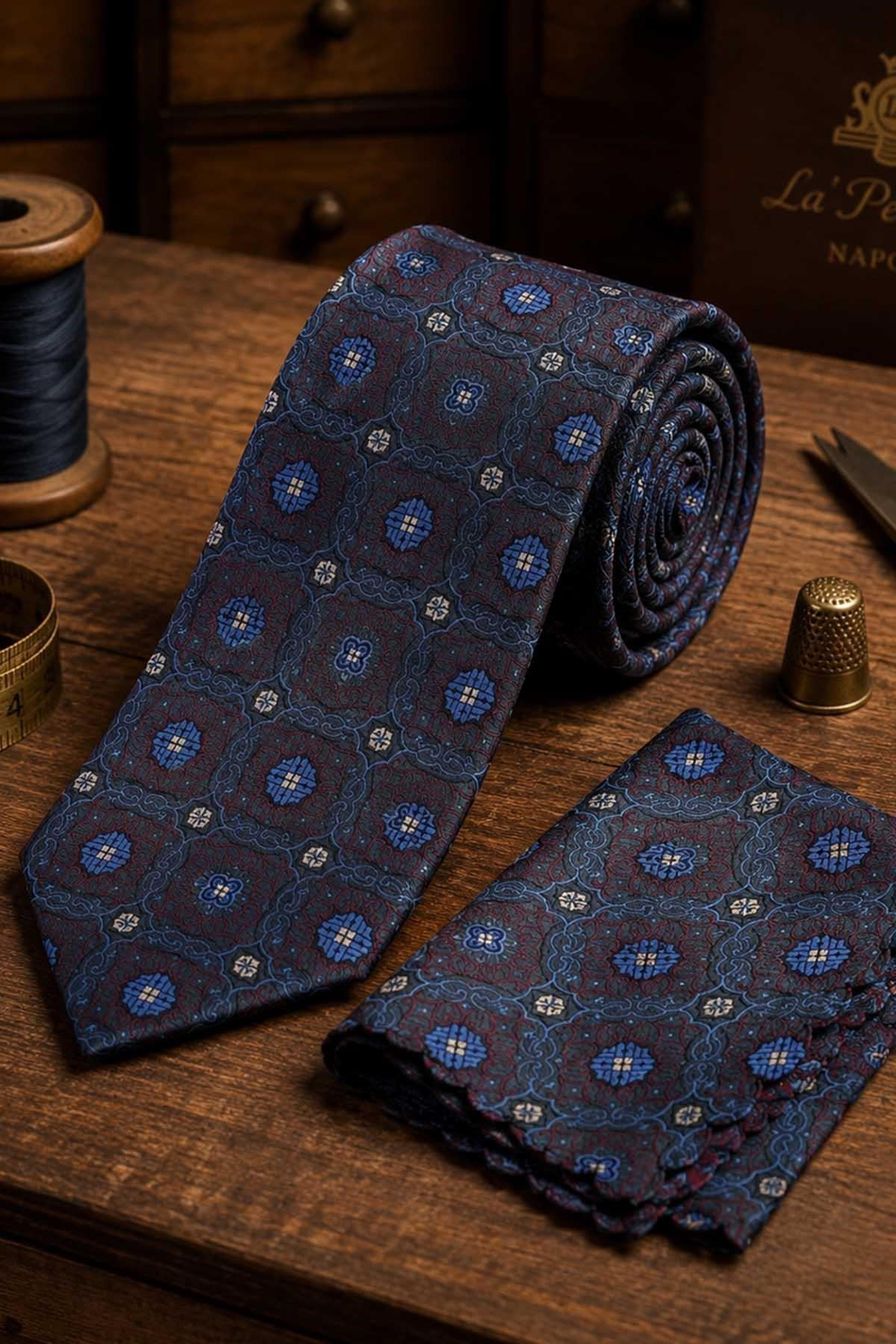 Füme Mavi Motif Desen Mendilli Klasik Kravat KK13753