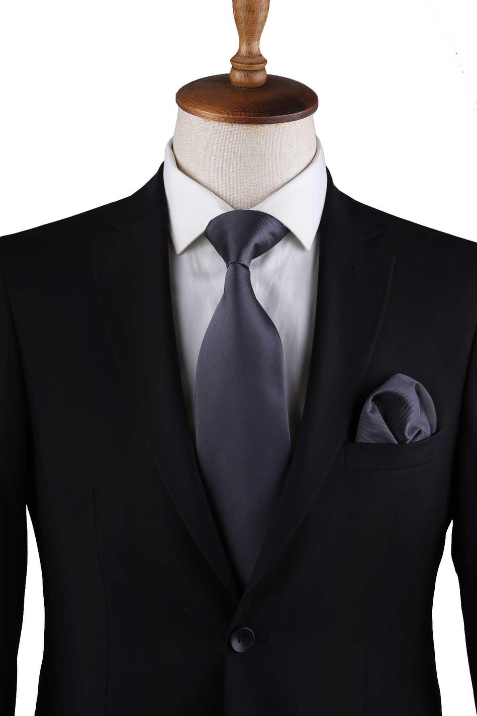 Füme Reps Dokulu Düz Mendilli Klasik Kravat KK13175