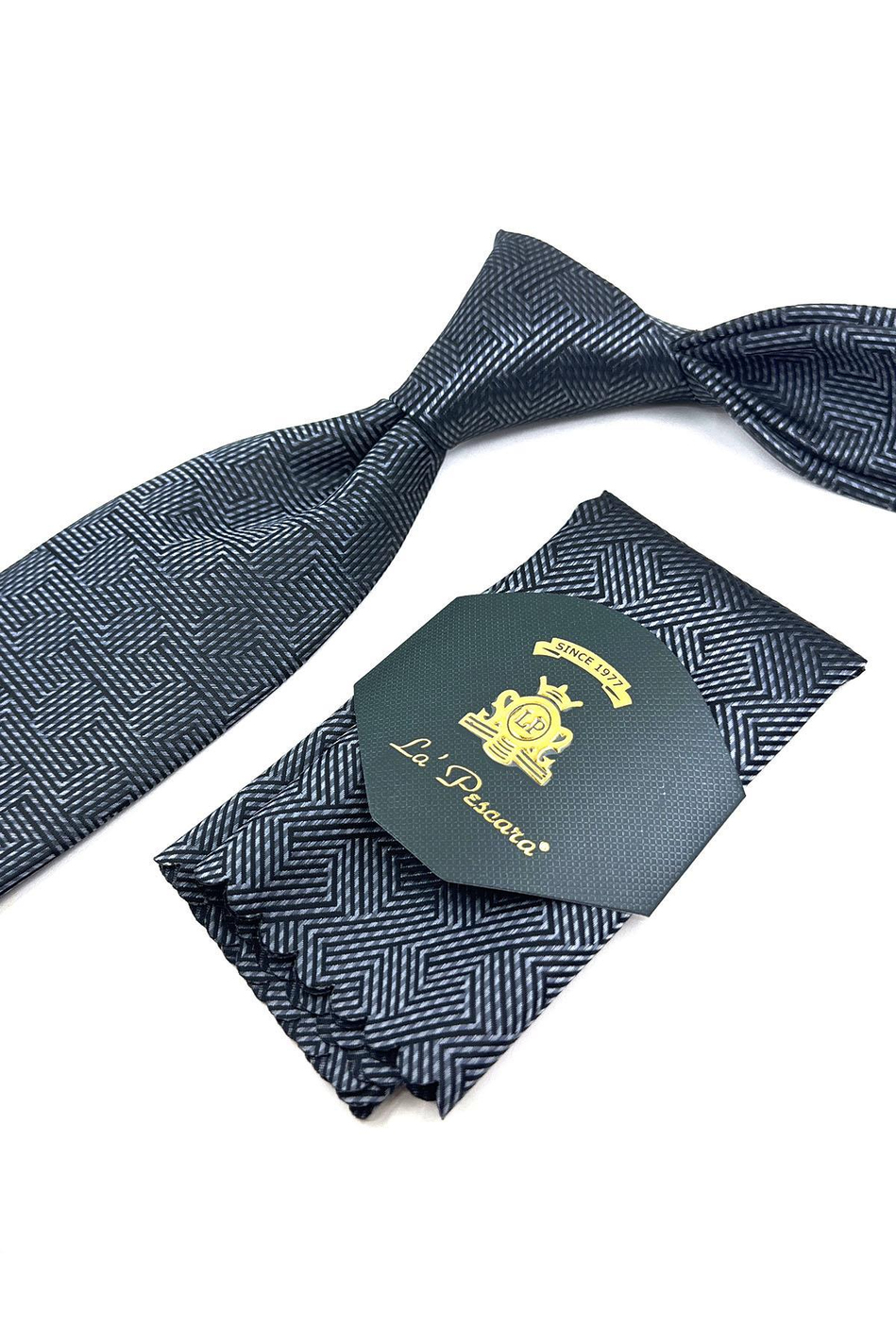 Füme - Siyah Çizgi Desen Mendilli Klasik Kravat KK11872