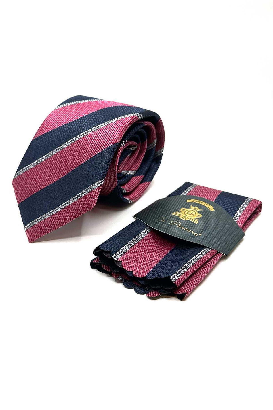 Fuşya - Lacivert Çizgi Desen Mendilli Klasik Kravat KK13104