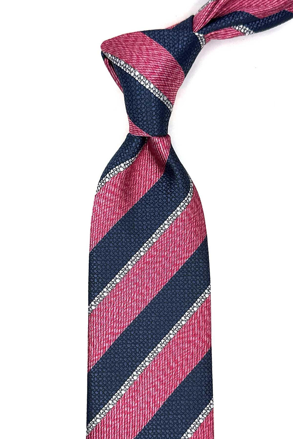 Fuşya - Lacivert Çizgi Desen Mendilli Klasik Kravat KK13104