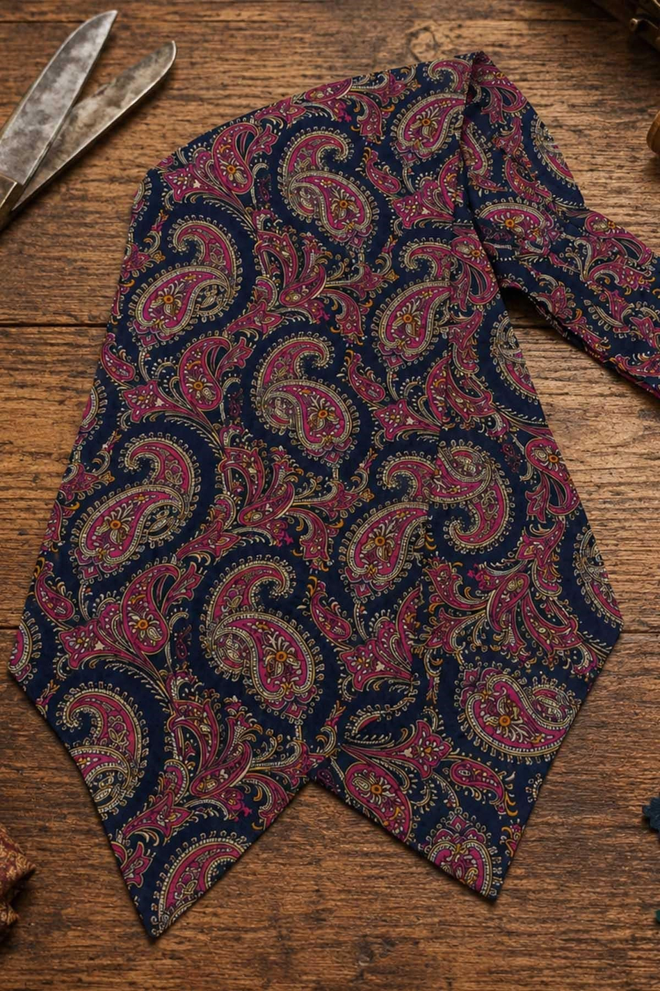 Fuşya Lacivert Şal Desen İtalyan İpek Ascot Kravat SAC71