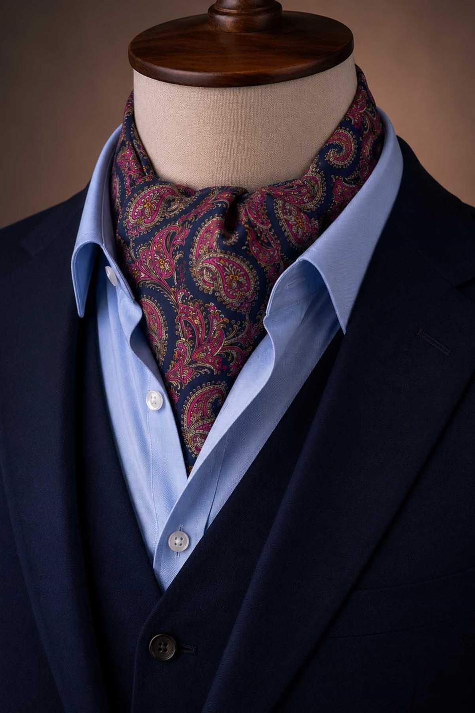 Fuşya Lacivert Şal Desen İtalyan İpek Ascot Kravat SAC71