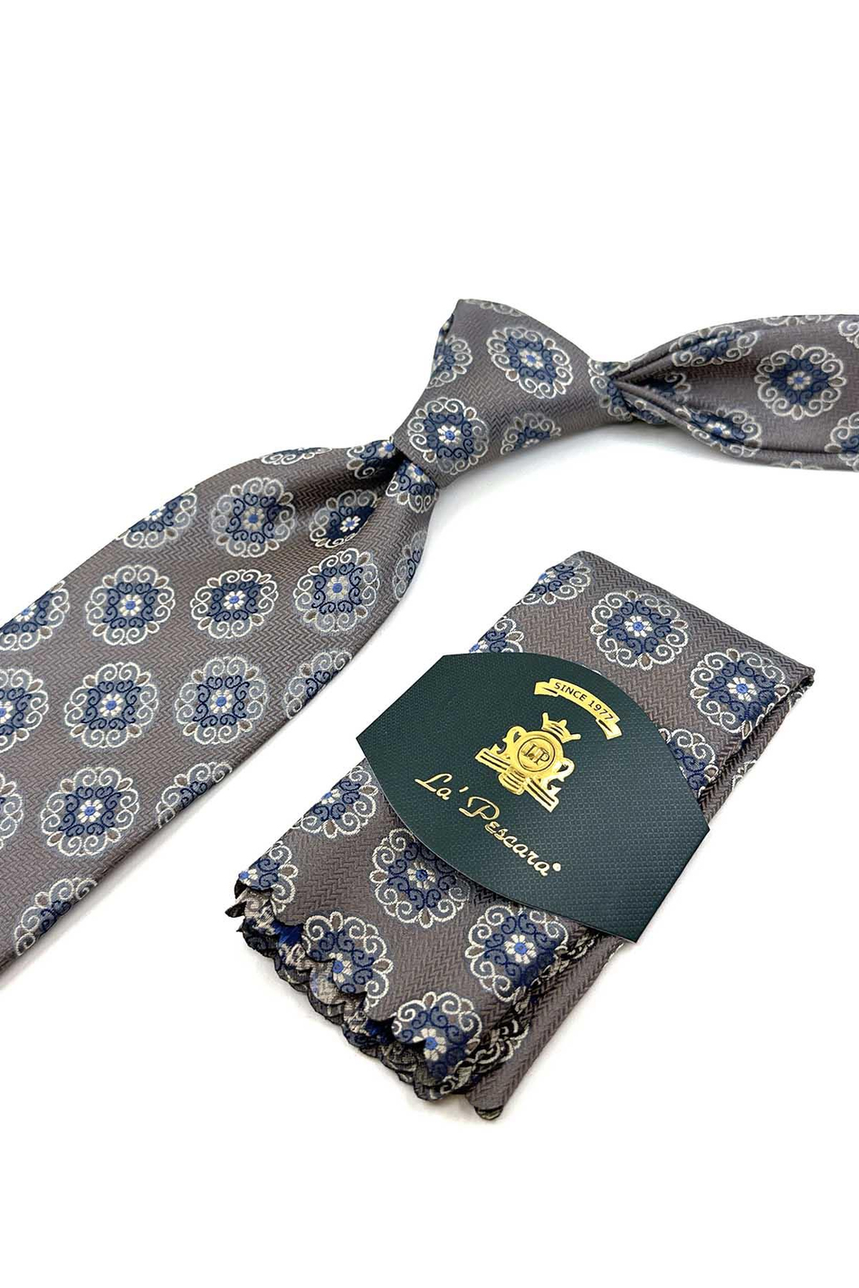 Gri - Bej Motif Desen Mendilli Klasik Kravat KK12248