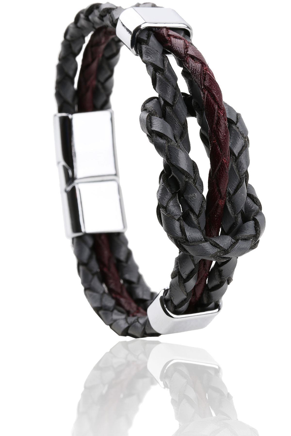 Gri - Bordo Deri Çelik Erkek Bileklik BLK1425