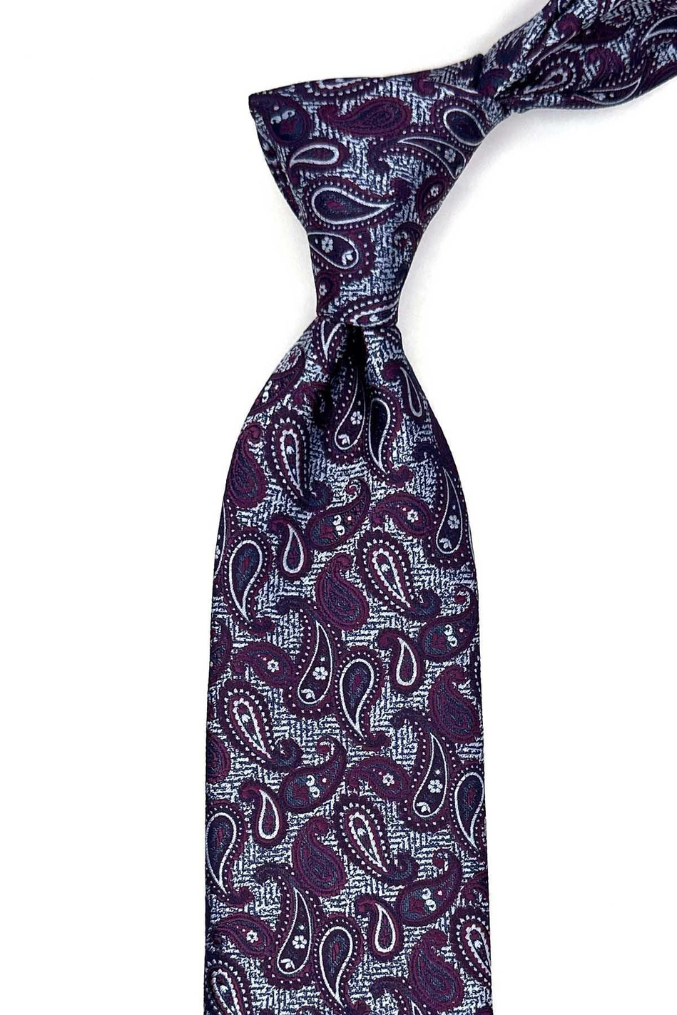 Gri - Bordo Şal Desen Mendilli Klasik Kravat KK12871