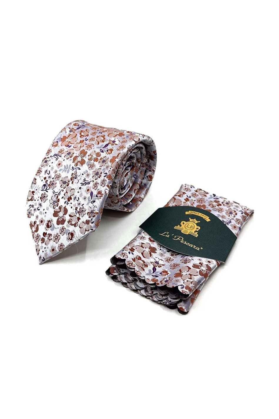 Gri Çiçek Desen Mendilli Klasik Kravat KK13134