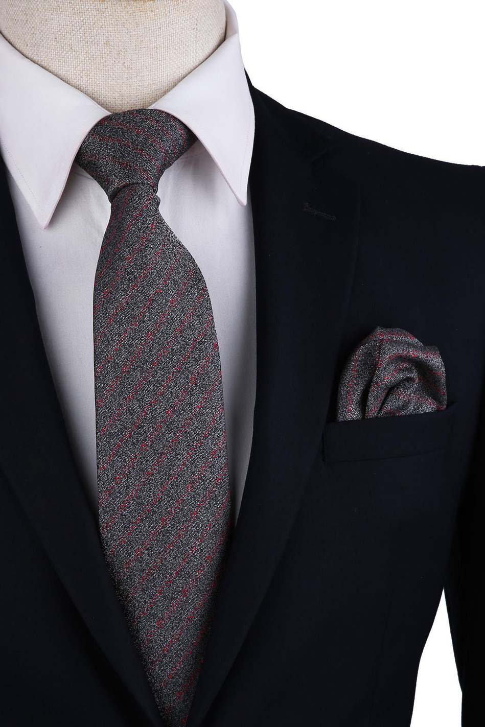 Gri Çizgi Desen Mendilli Klasik Kravat KK10343