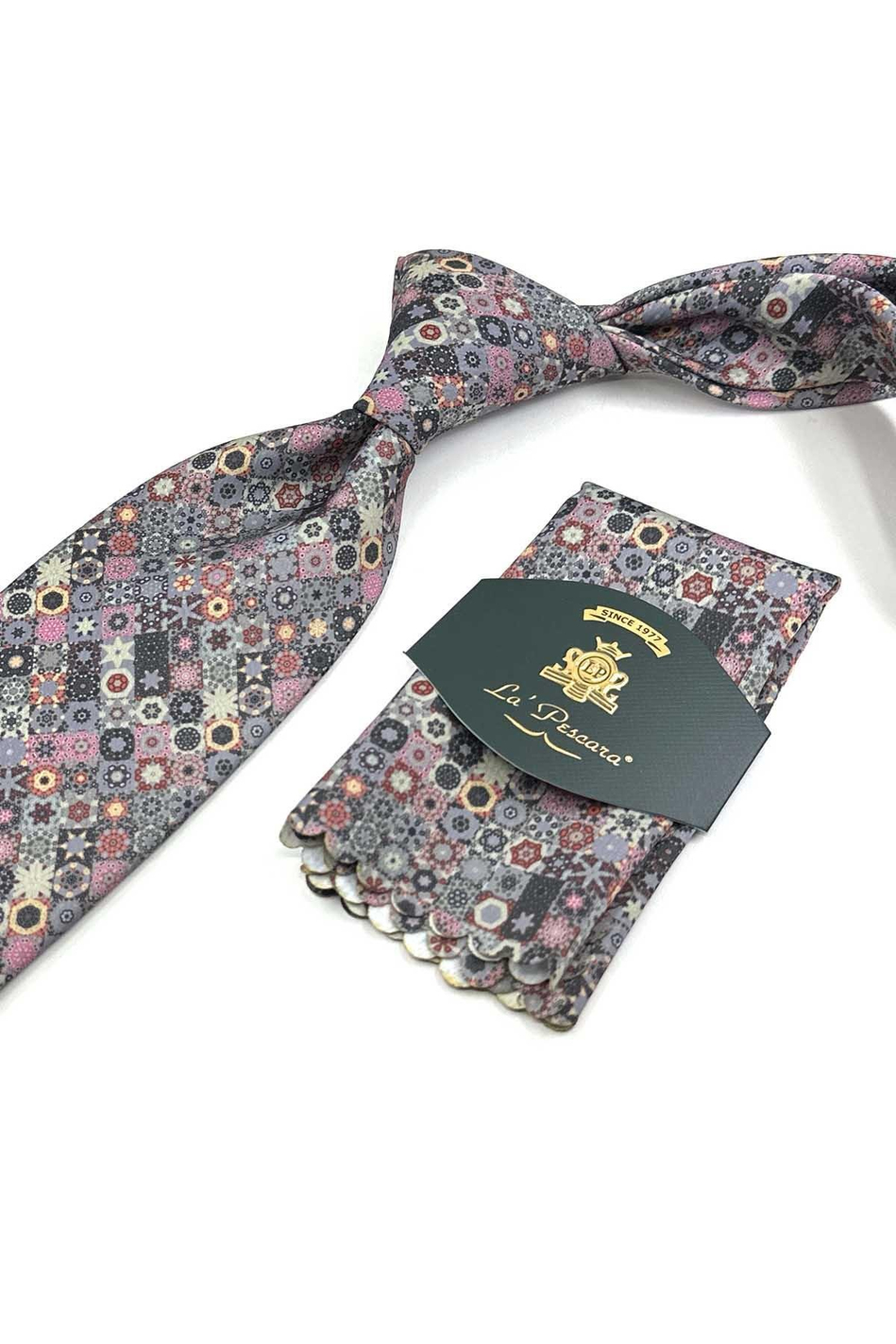 Gri - Çok Renkli Motif Desen Baskılı Klasik Mendilli Kravat KK13338