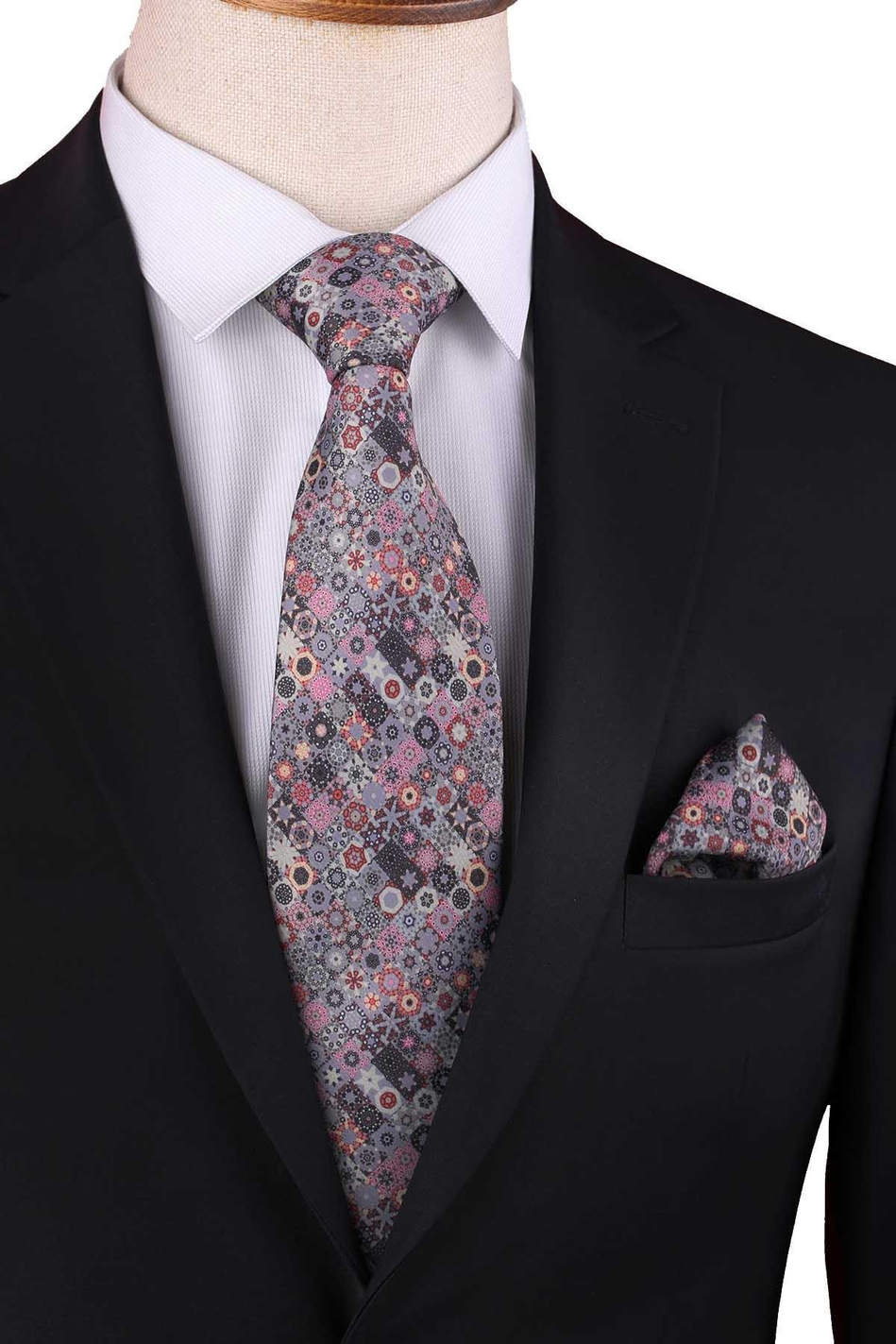 Gri - Çok Renkli Motif Desen Baskılı Klasik Mendilli Kravat KK13338