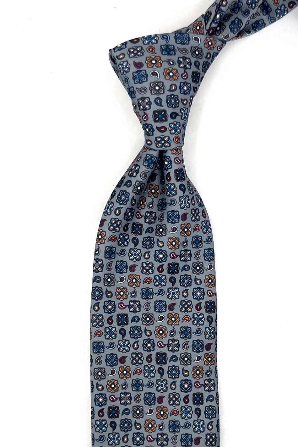 Gri Çok Renkli Motif Desen Mendilli Klasik Kravat KK14055