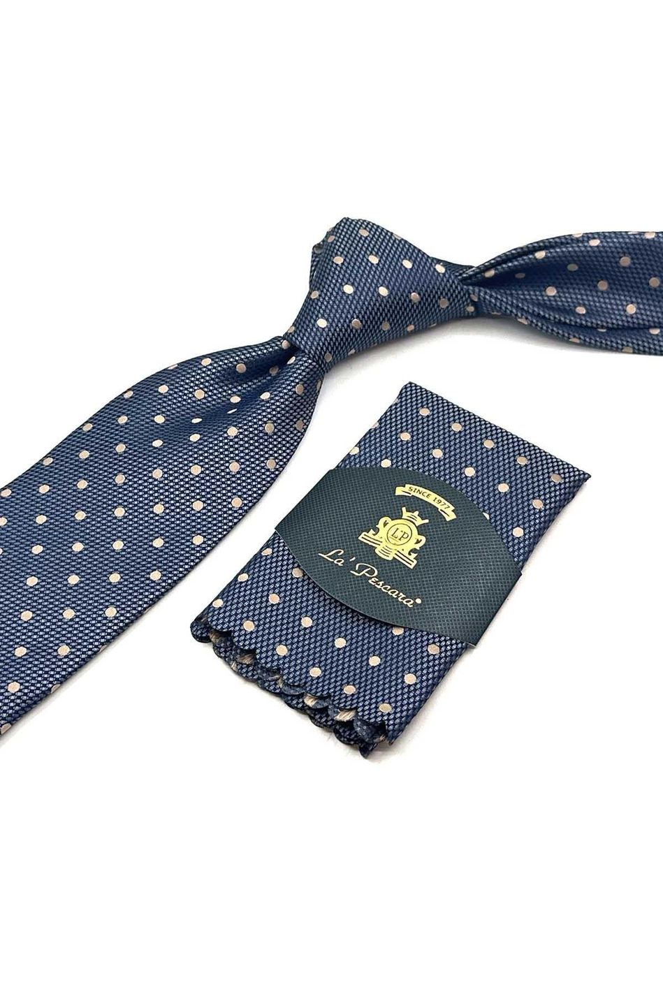 Gri - Lacivert Puantiye Desen Mendilli Klasik Kravat KK13003