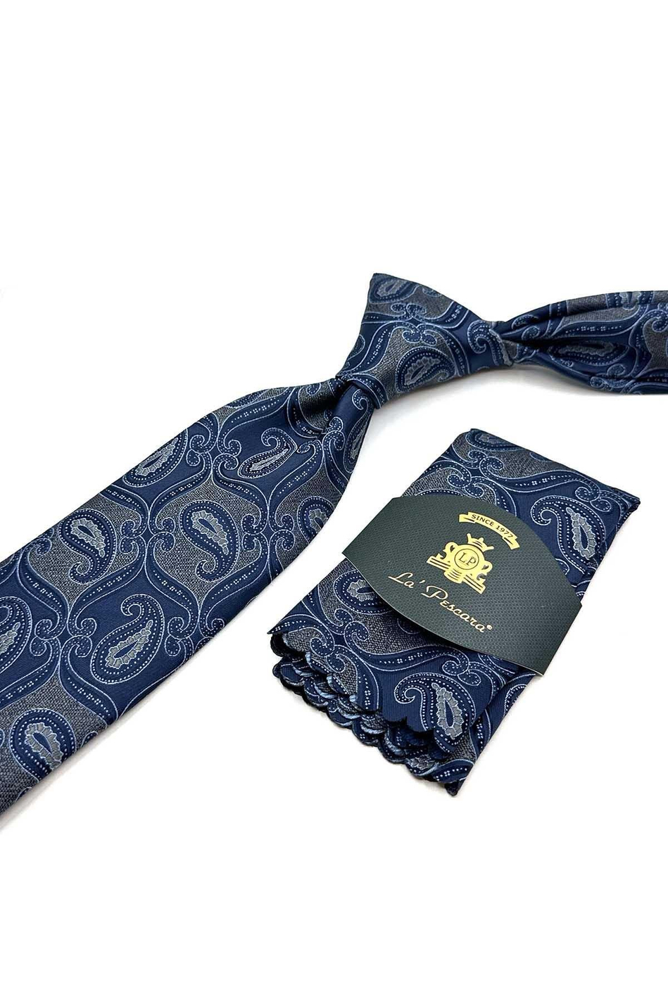 Gri - Lacivert Şal Desen Mendilli Klasik Kravat KK12884