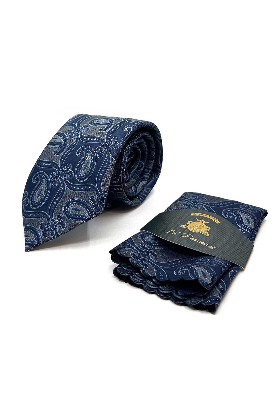 Gri - Lacivert Şal Desen Mendilli Klasik Kravat KK12884
