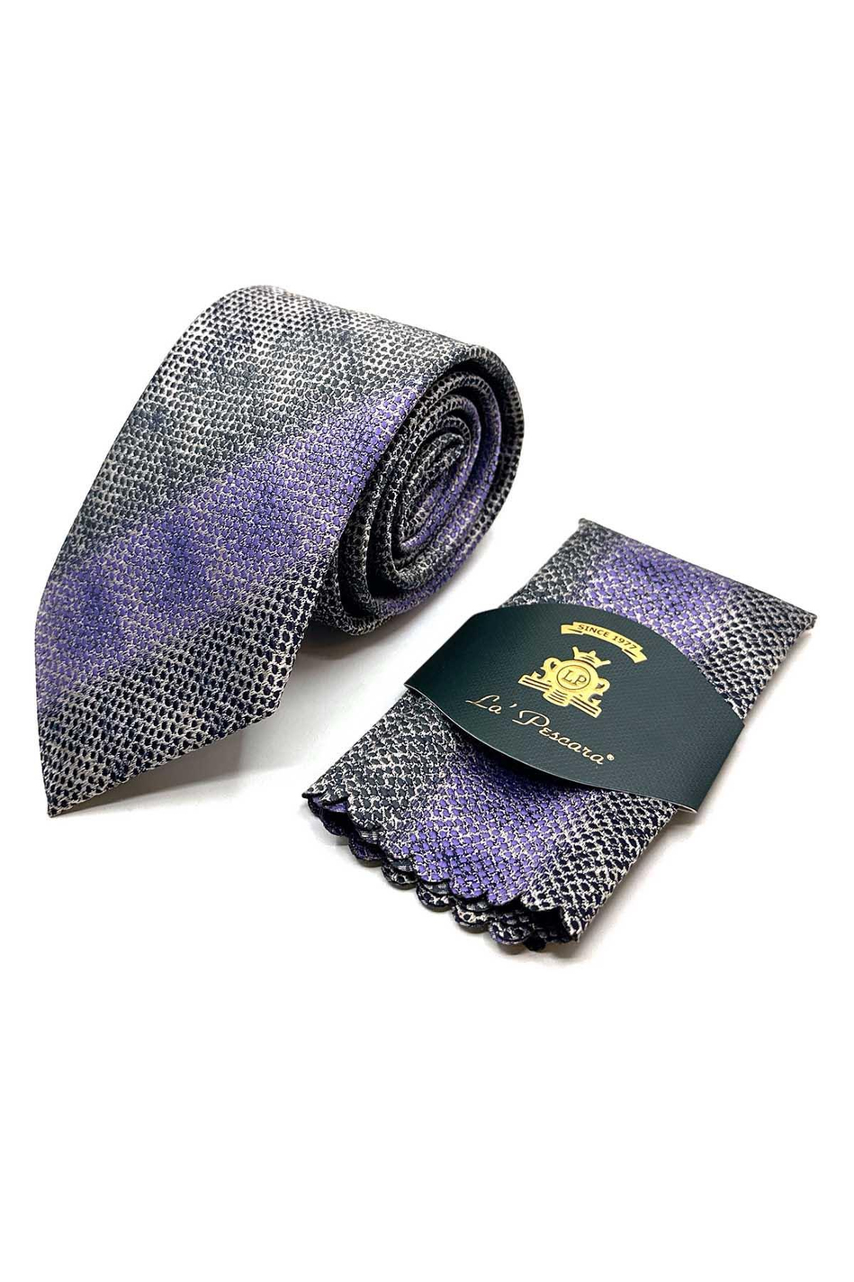 Gri - Lila Çizgi Desen Mendilli Klasik Kravat KK13069