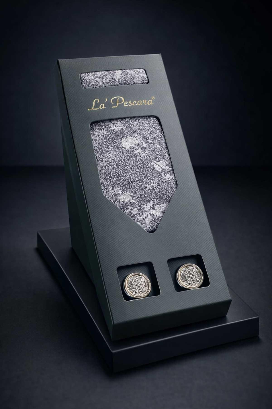 Gri - Lila Mendilli Klasik Kravat Kol Düğmesi Erkek Hediye Seti OS605