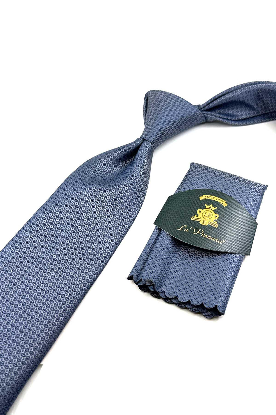 Gri - Mavi Nokta Desen Mendilli Klasik Kravat KK12705