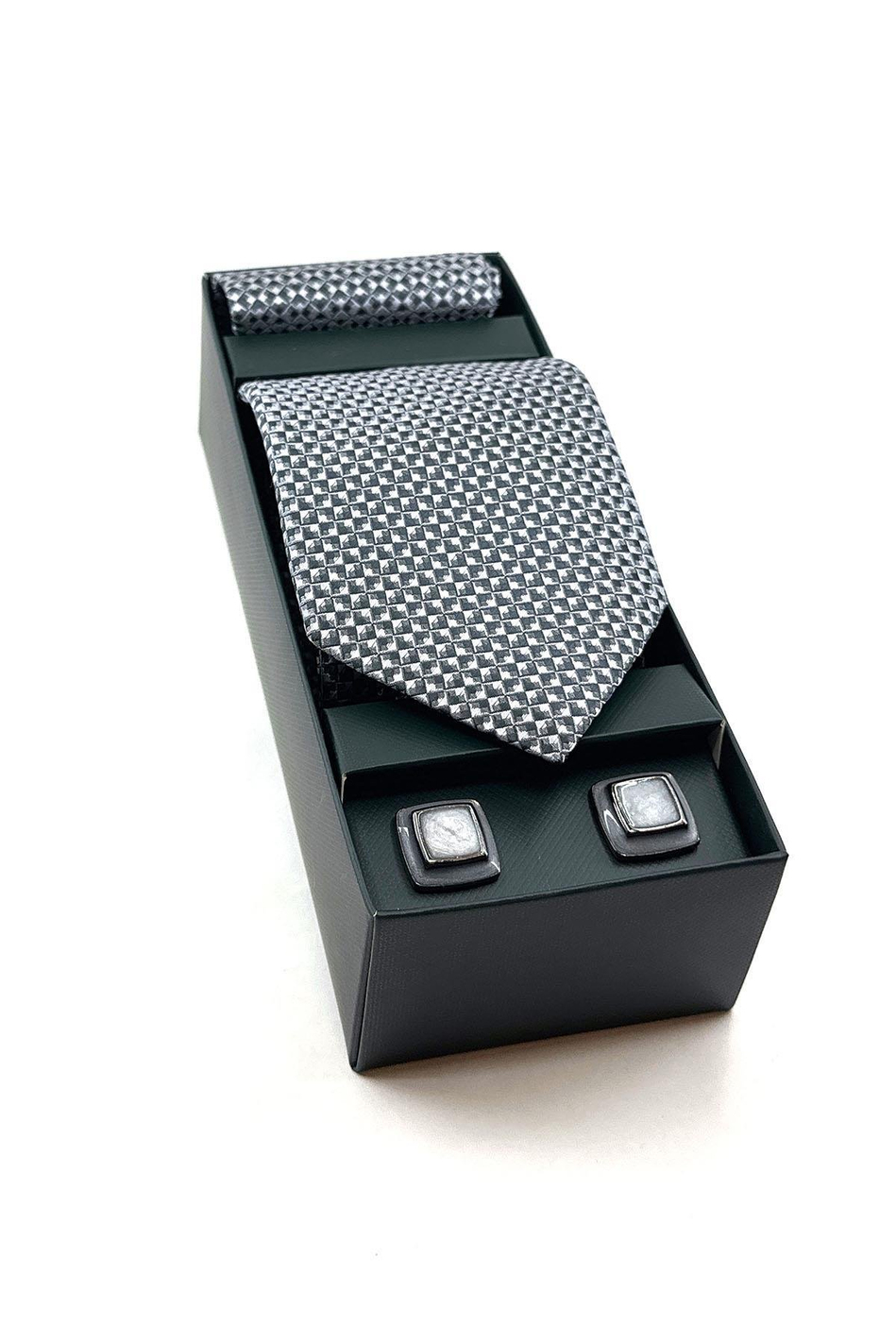 Gri Mendilli Kravat Gri Kol Düğmesi Hediye Seti OS529