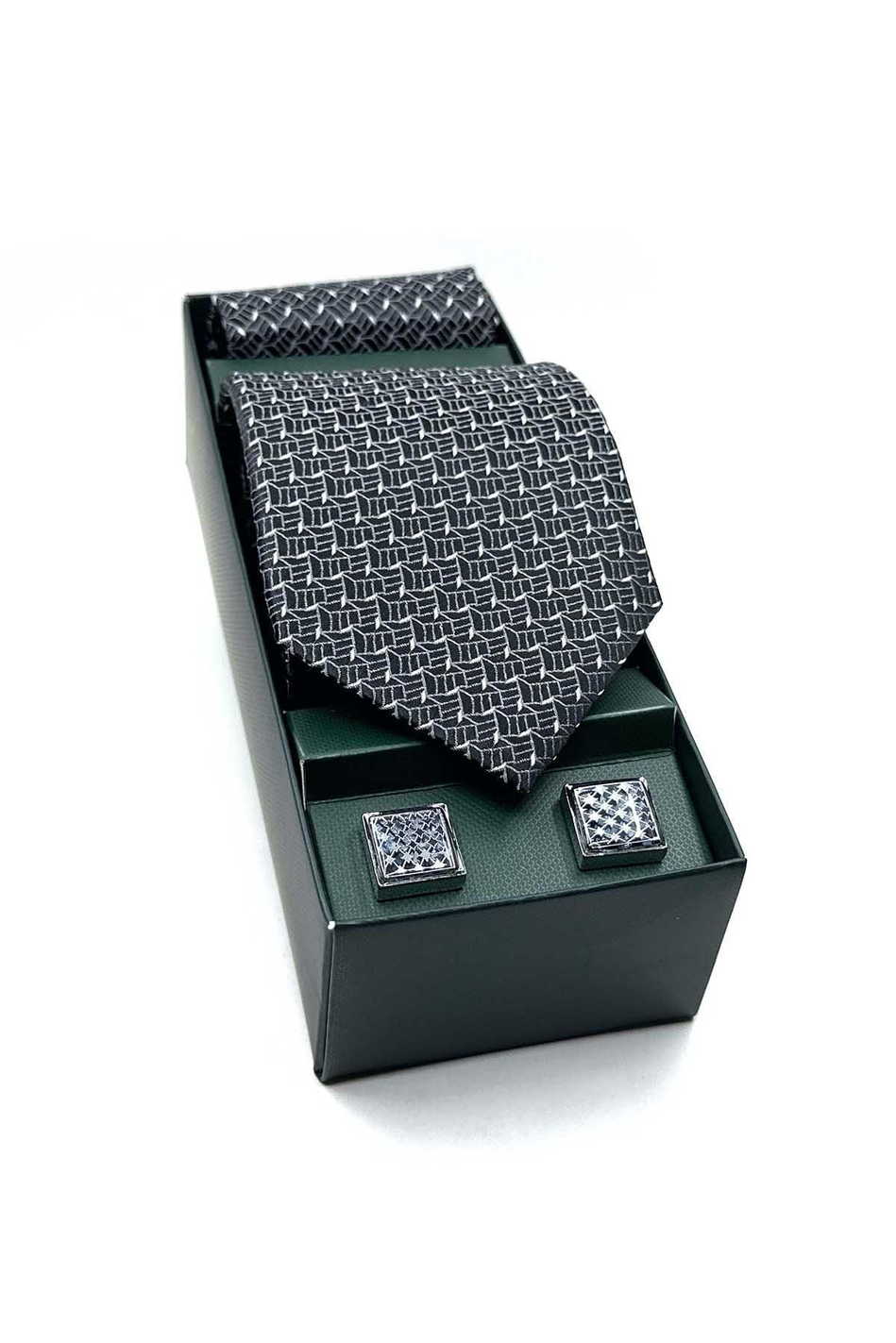 Gri Mendilli Kravat Gri Kol Düğmesi Hediye Seti OS588