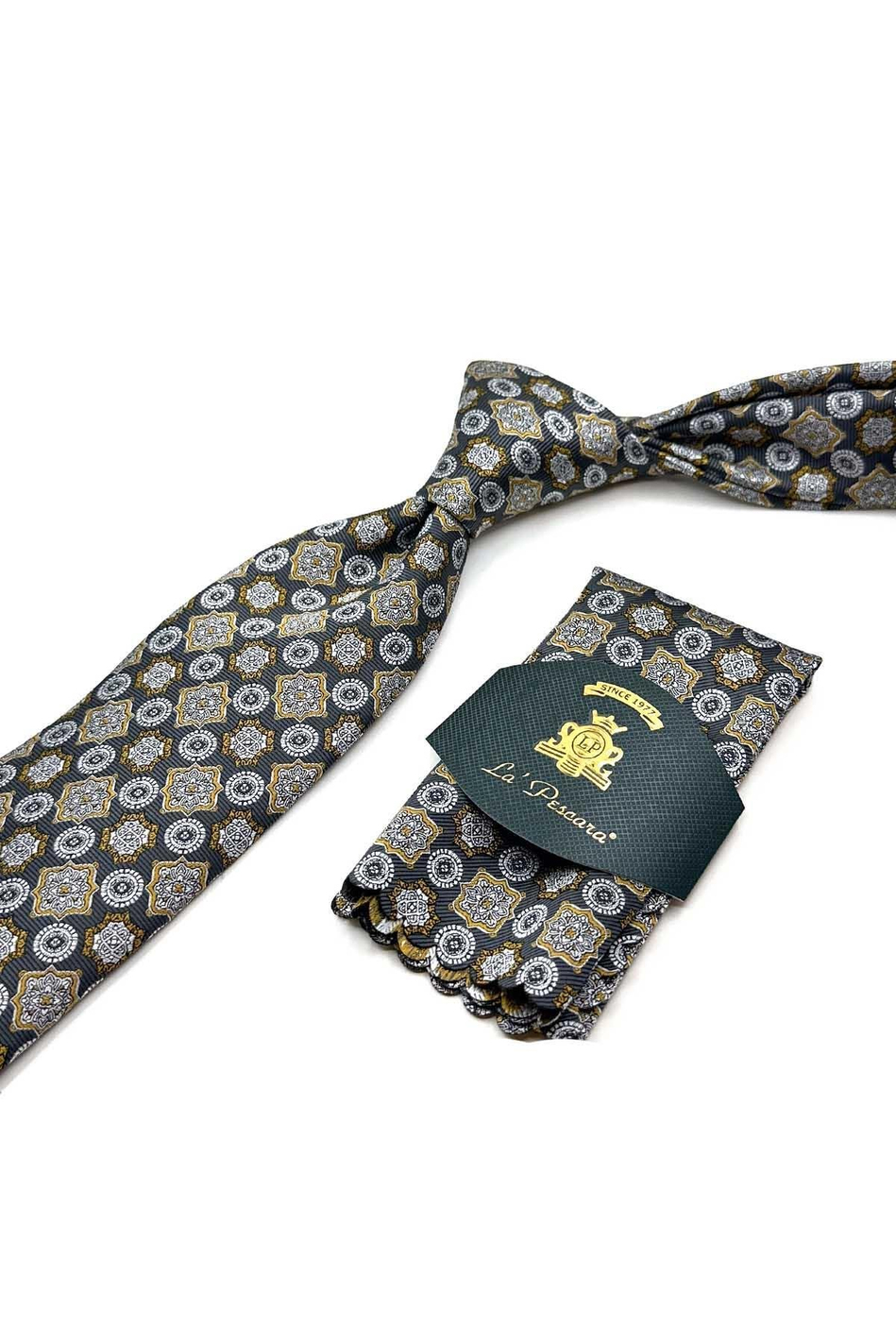 Gri Motif Desen Mendilli Klasik Kravat KK12971