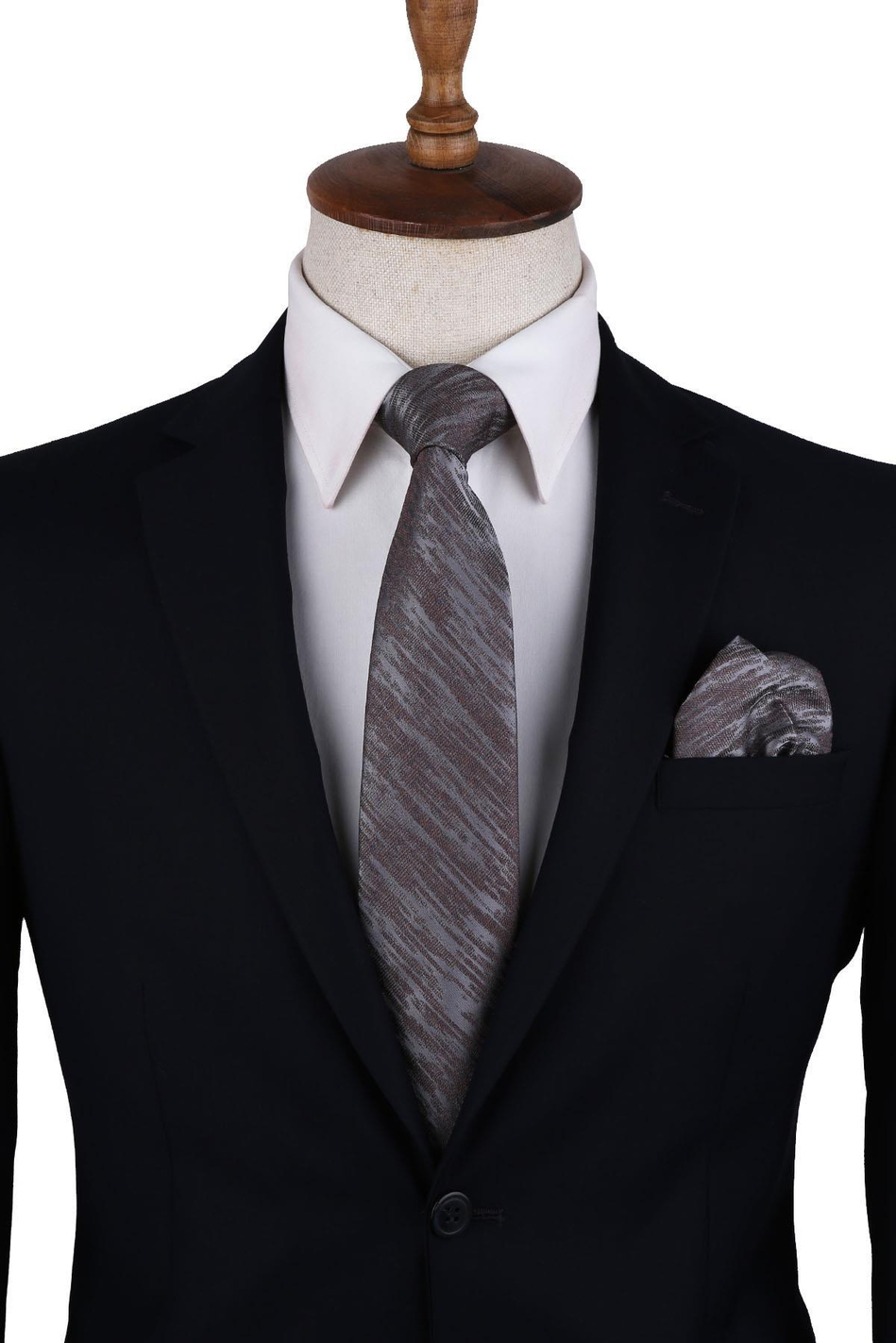 Gri Motif Desen Mendilli Klasik Kravat KK10527