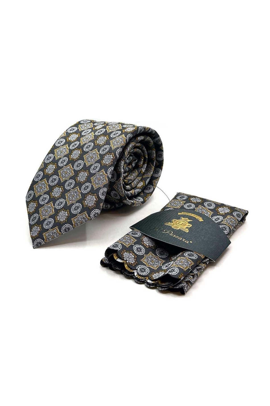 Gri Motif Desen Mendilli Klasik Kravat KK12971