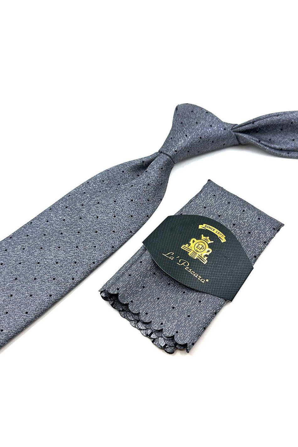 Gri Puantiye Desen Mendilli Klasik Kravat KK12326