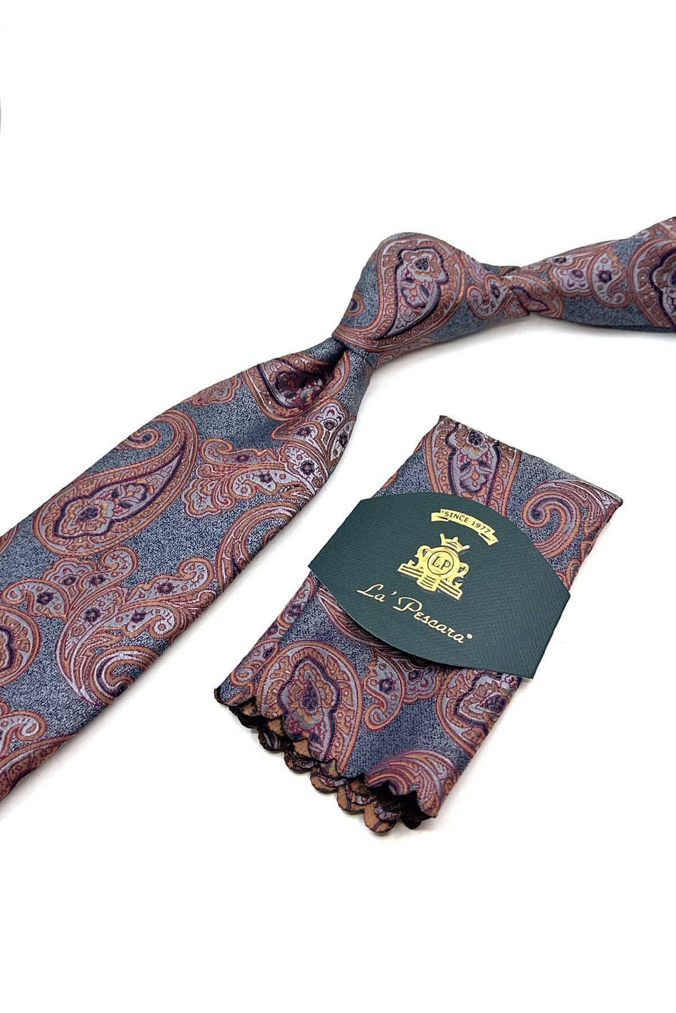 Gri Şal Desen Mendilli Klasik Kravat KK13048