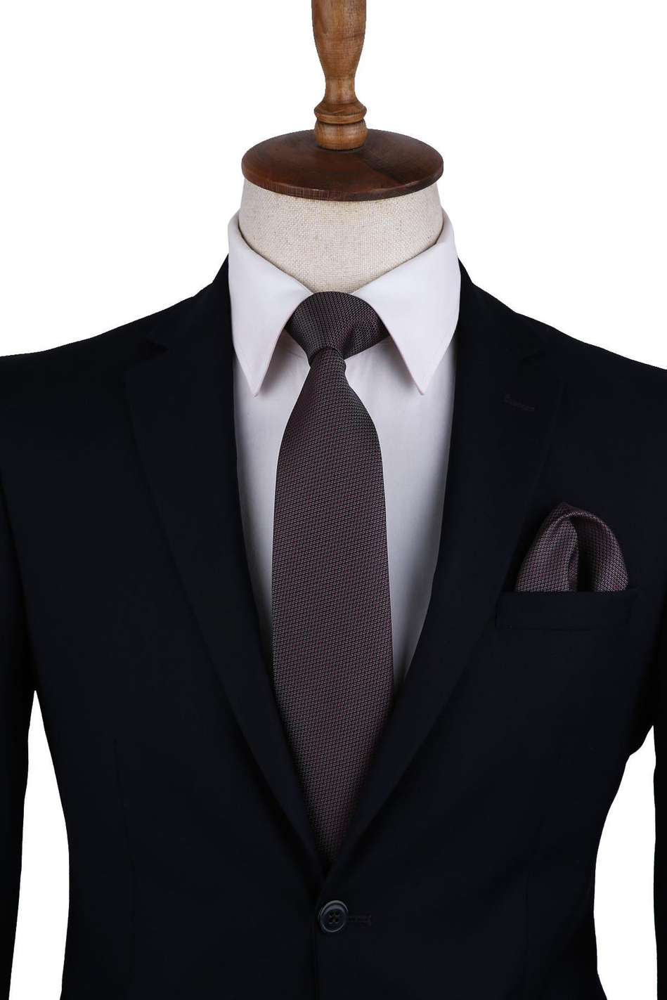 Gri - Siyah Nokta Desen Mendilli Klasik Kravat KK10358