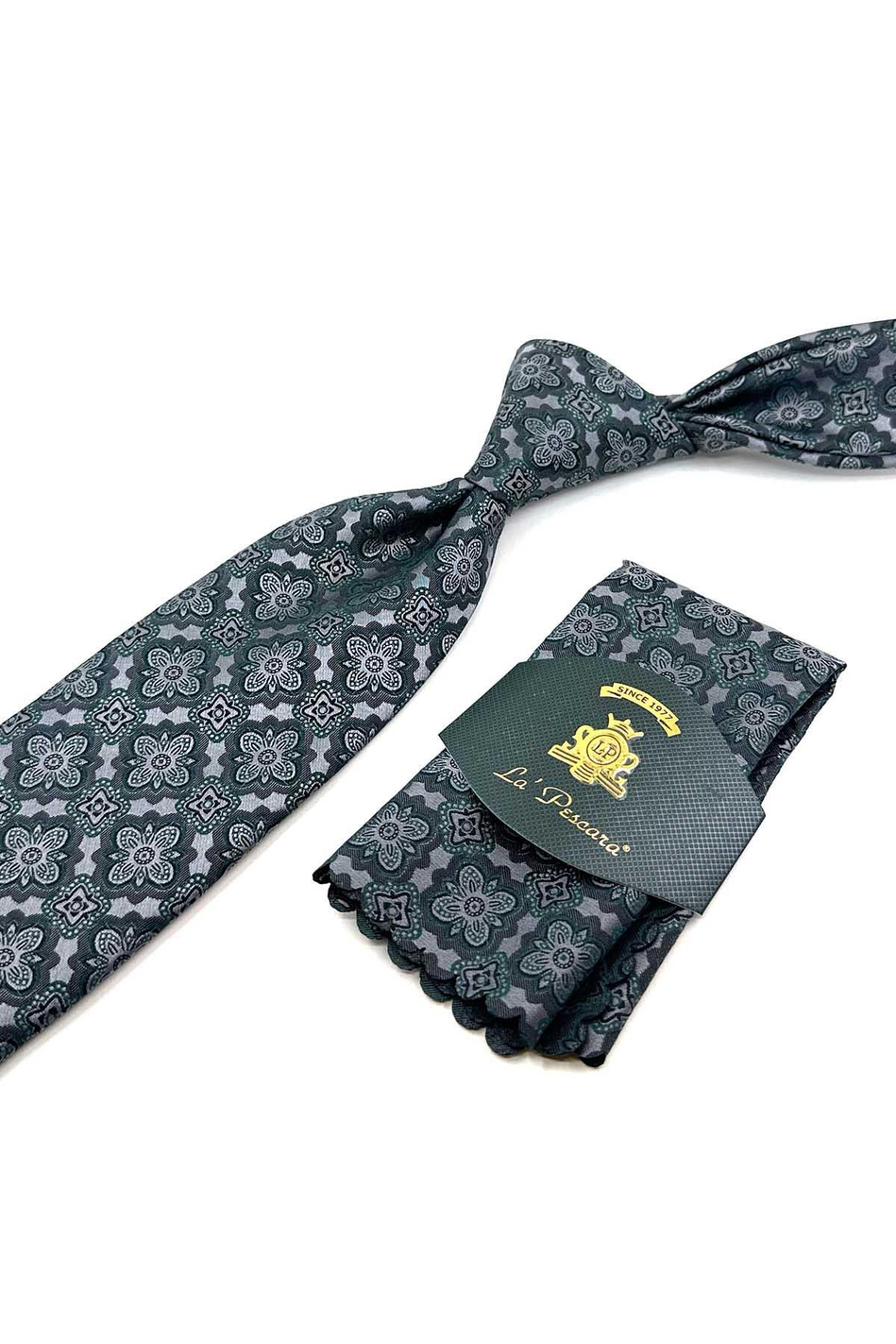 Gri - Yeşil Motif Desen Mendilli Klasik Kravat KK12378