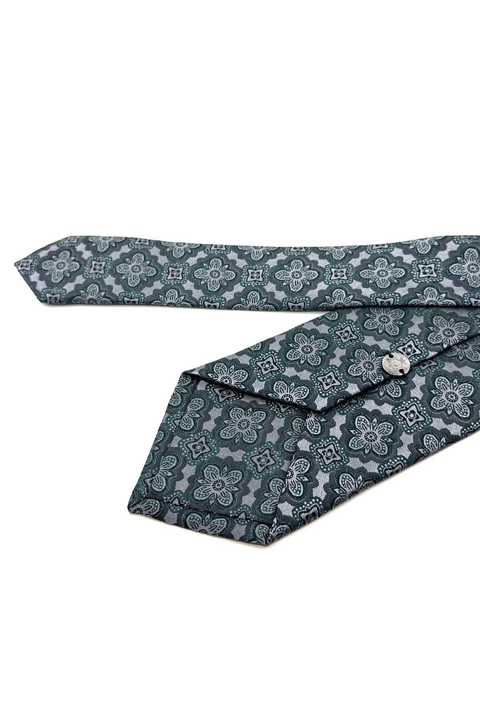 Gri - Yeşil Motif Desen Mendilli Klasik Kravat KK12378