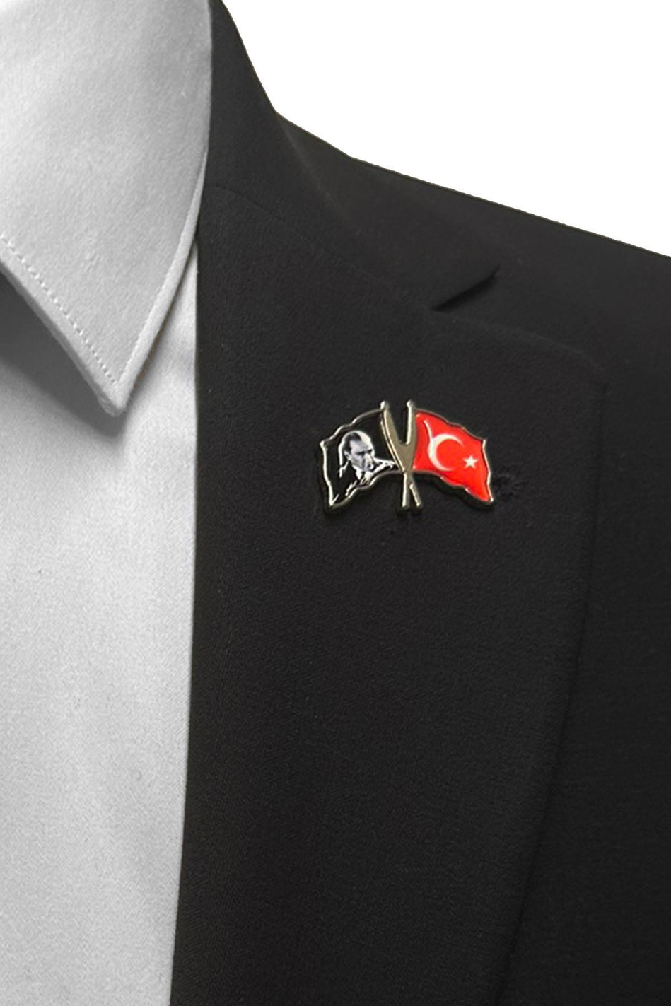 Gümüş Renk Atatürk ve Türk Bayrağı Yaka İğnesi YI412