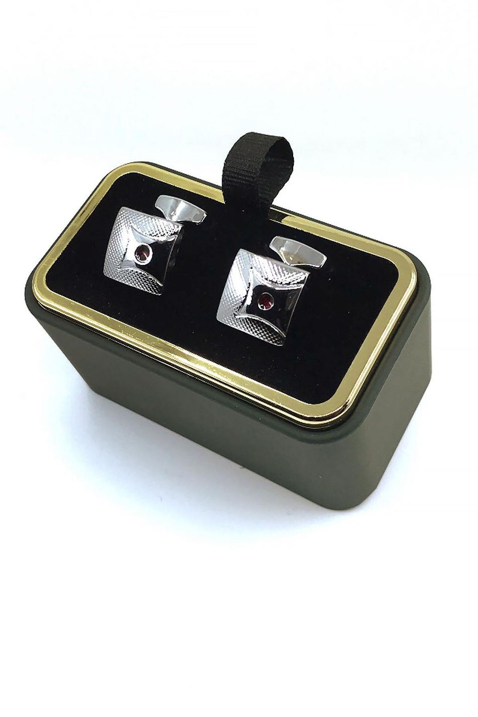 Gümüş Renk Kırmızı Taşlı Kare Kol Düğmesi KD1043