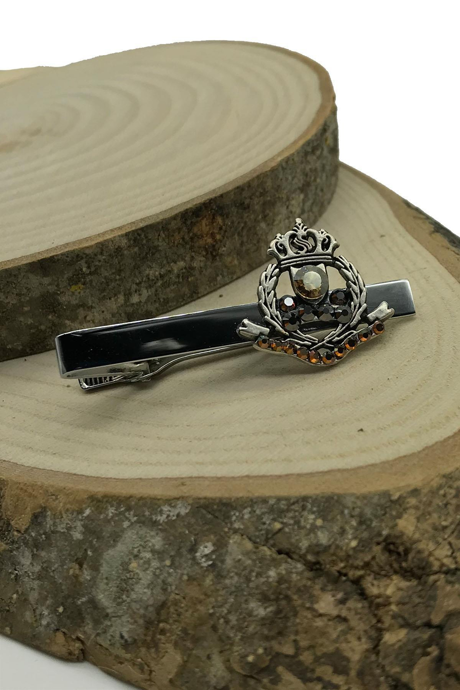 Gümüş Renk Konyak-Bal Rengi Taşlı Kral Tacı Motif Kravat İğnesi KIY596