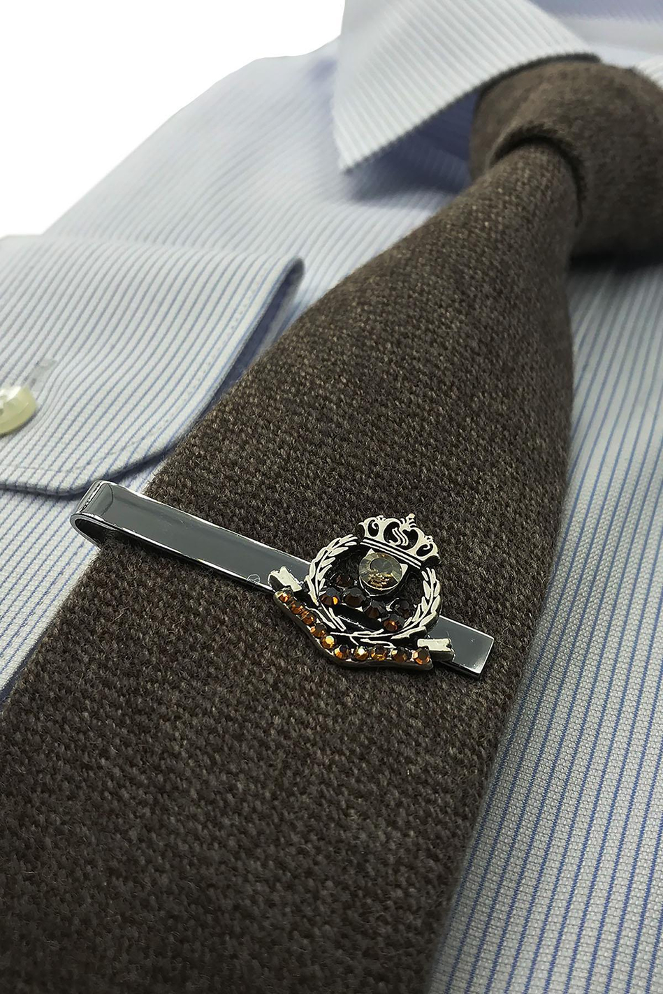 Gümüş Renk Konyak-Bal Rengi Taşlı Kral Tacı Motif Kravat İğnesi KIY596
