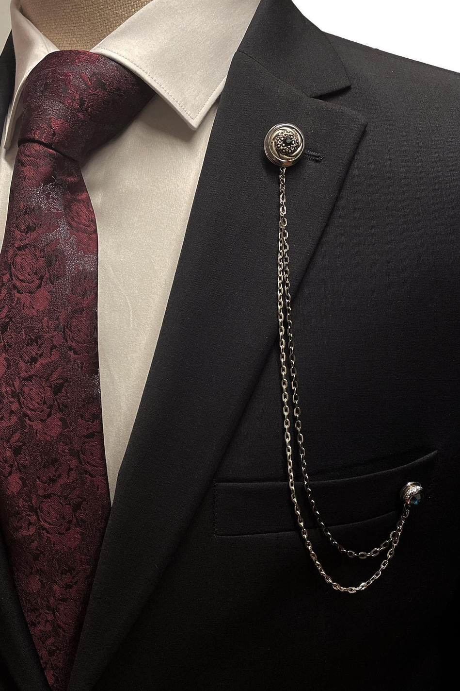 Gümüş Renk Siyah Taşlı Zincirli Ceket Yaka İğnesi YI385