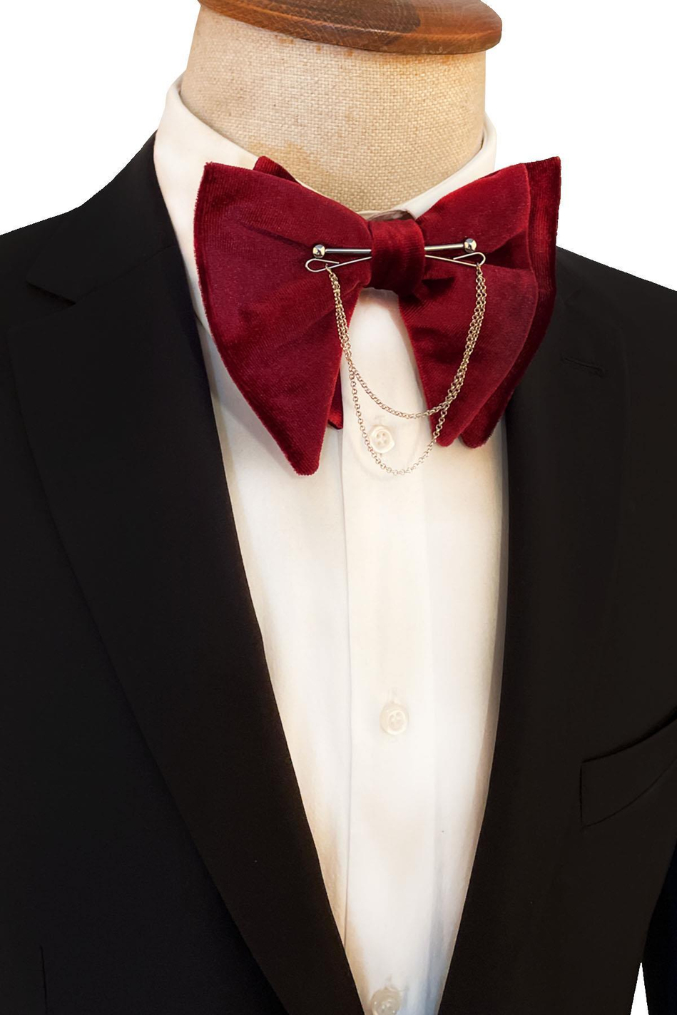 Gümüş Renk Zincirli Bordo Kadife Büyük Papyon  P1408