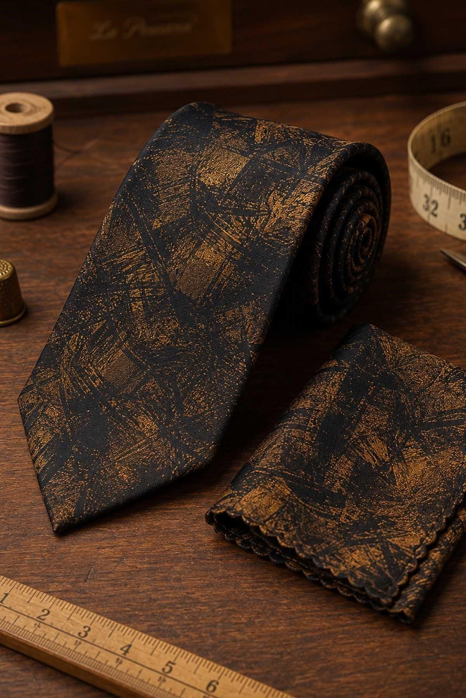 Hardal Kahve Motif Desen Mendilli Klasik Kravat KK13749