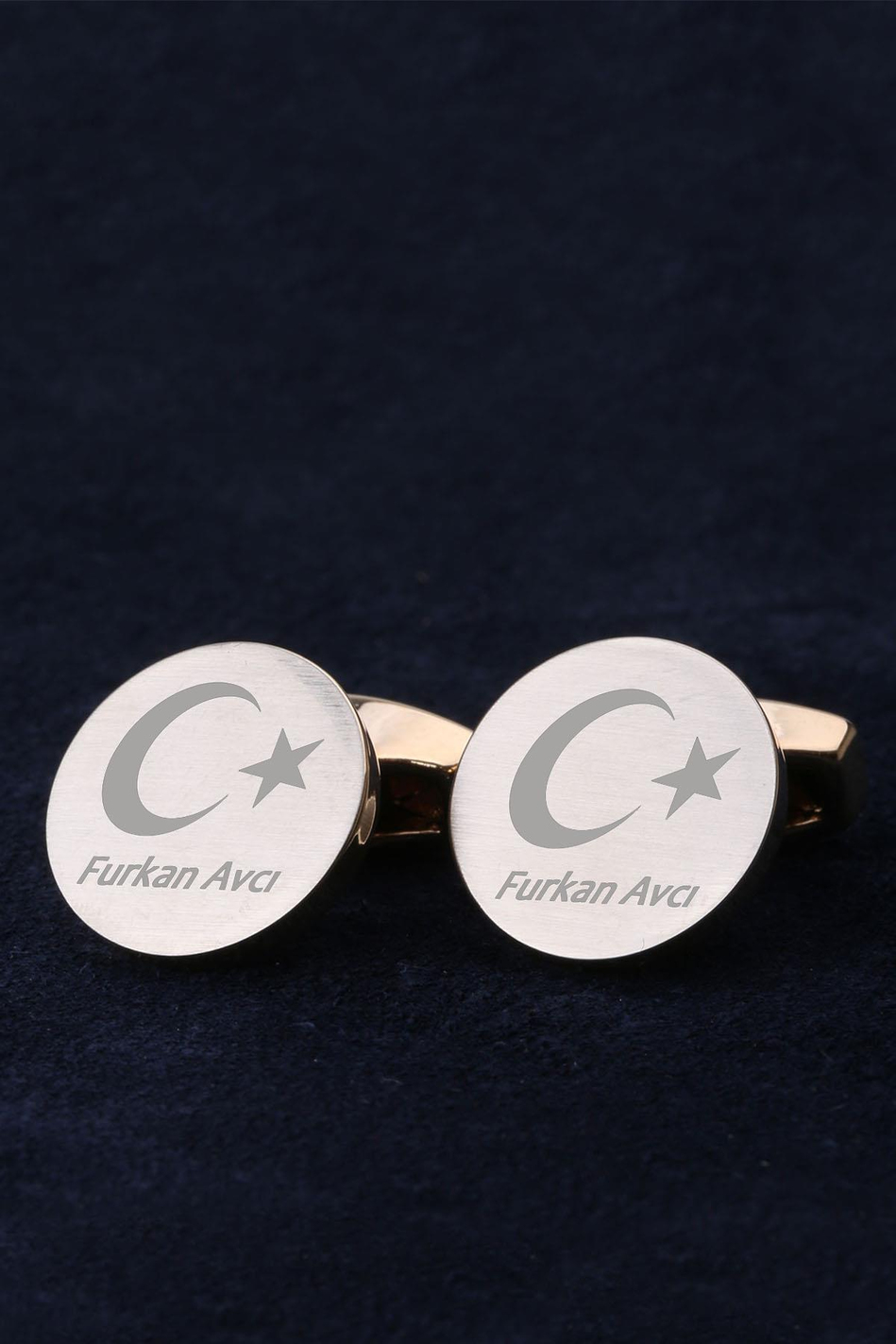 İsme Özel Ay Yıldız Erkeğe Hediye Altın Renk Kol Düğmesi