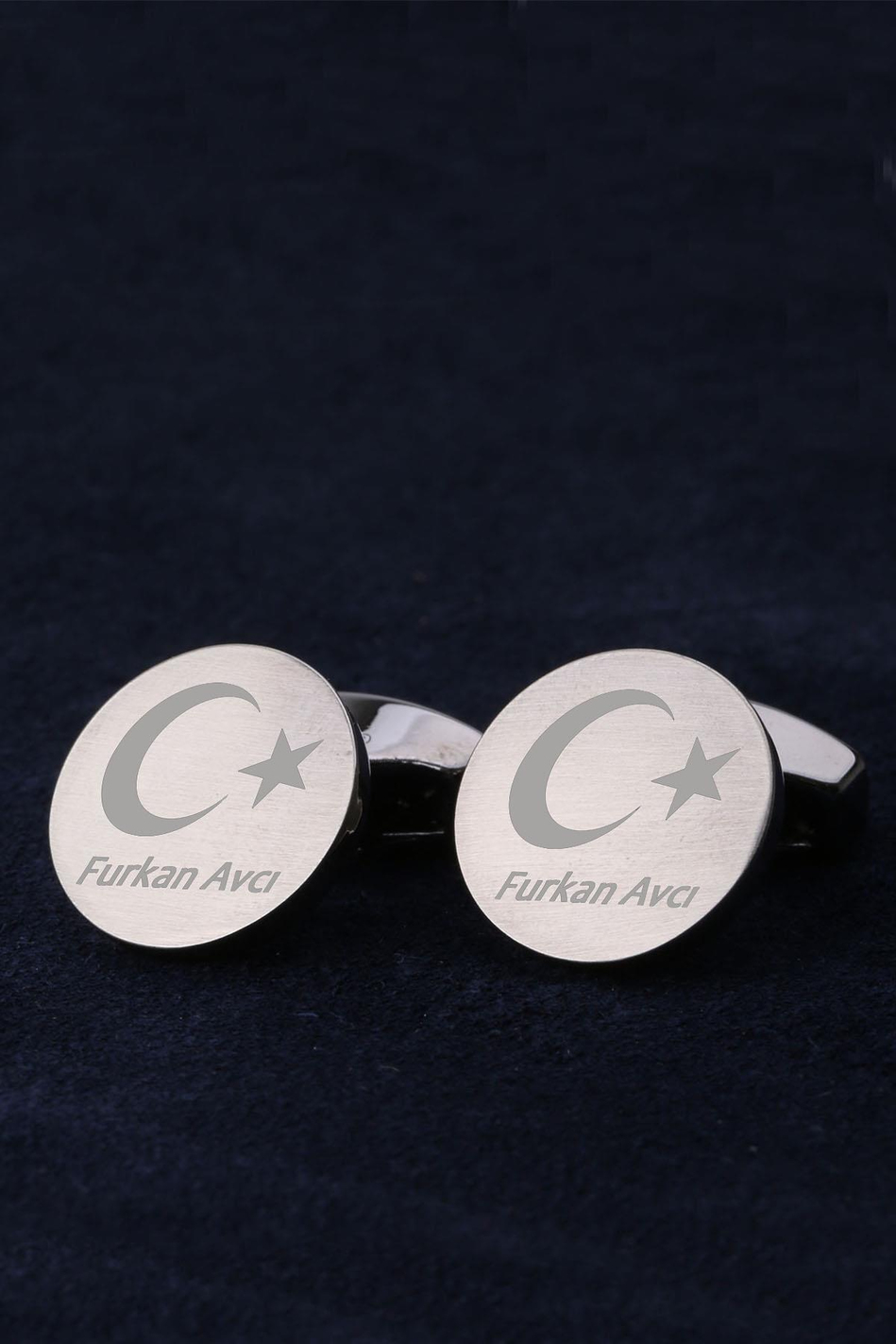 İsme Özel Ay Yıldız Erkeğe Hediye Füme Renk Kol Düğmesi